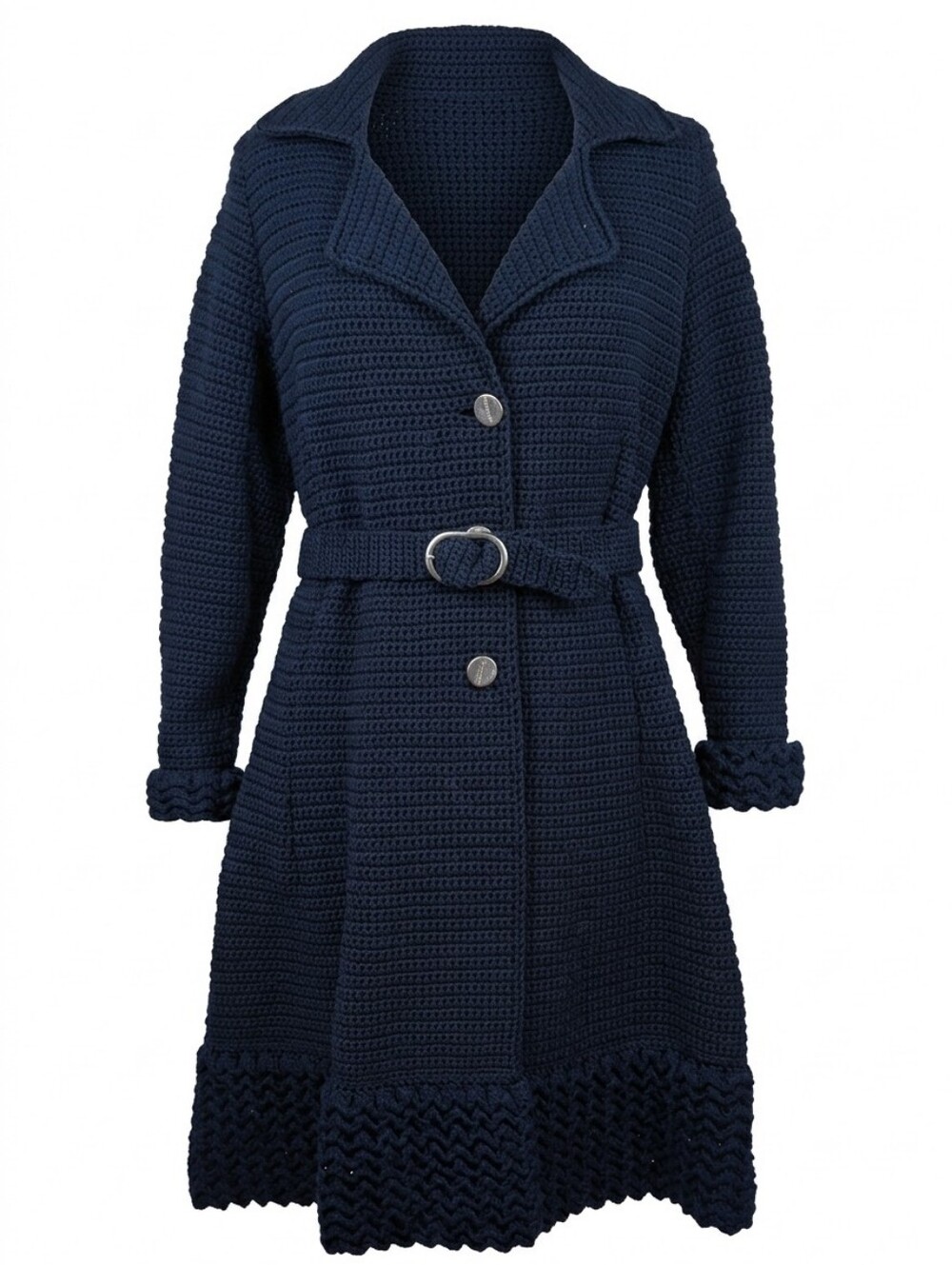 Vintage 70's Navy Blue Crocheted Knit Sweater Coat Fit And Flare